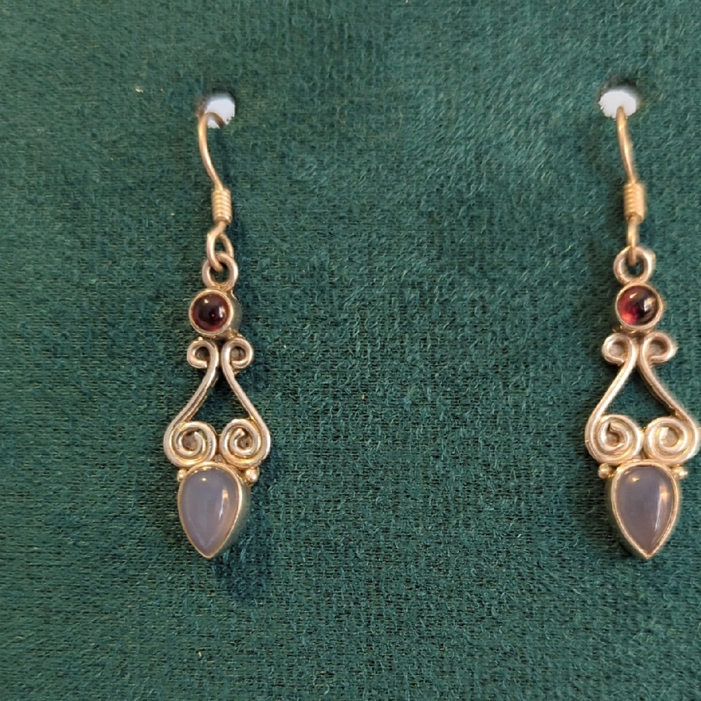 Sterling Silver Garnet And ?? Stone Hanging Earrings